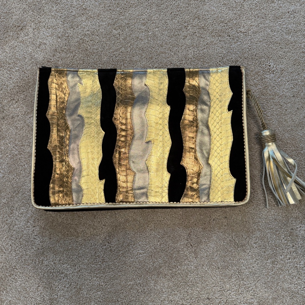 Large Gold and Silver Leather Clutch with Tassel